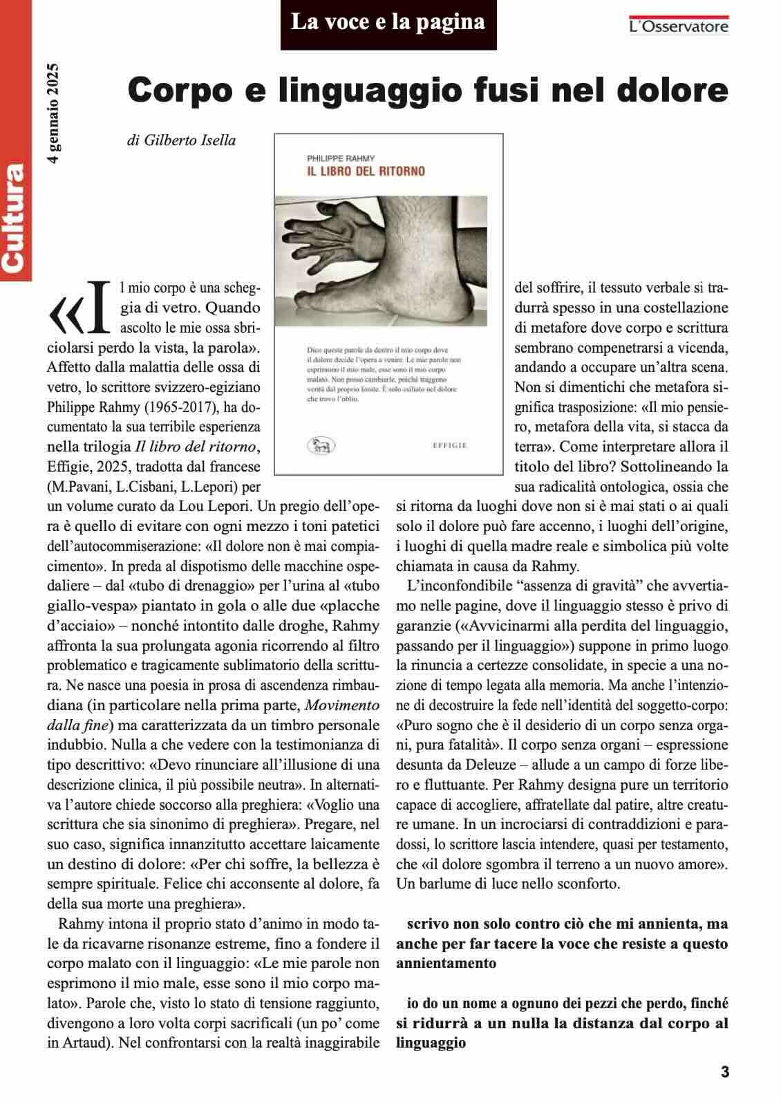 Chronique de Gilberto Isella, L’Osservatore 01/2025, consacrée à Philippe Rahmy